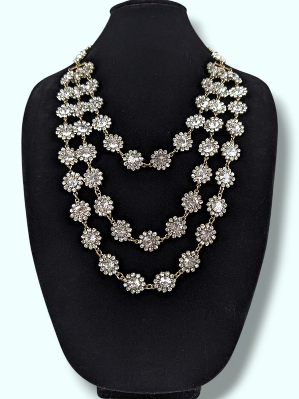 3-Strand Rhinestone Floral Statement Necklace